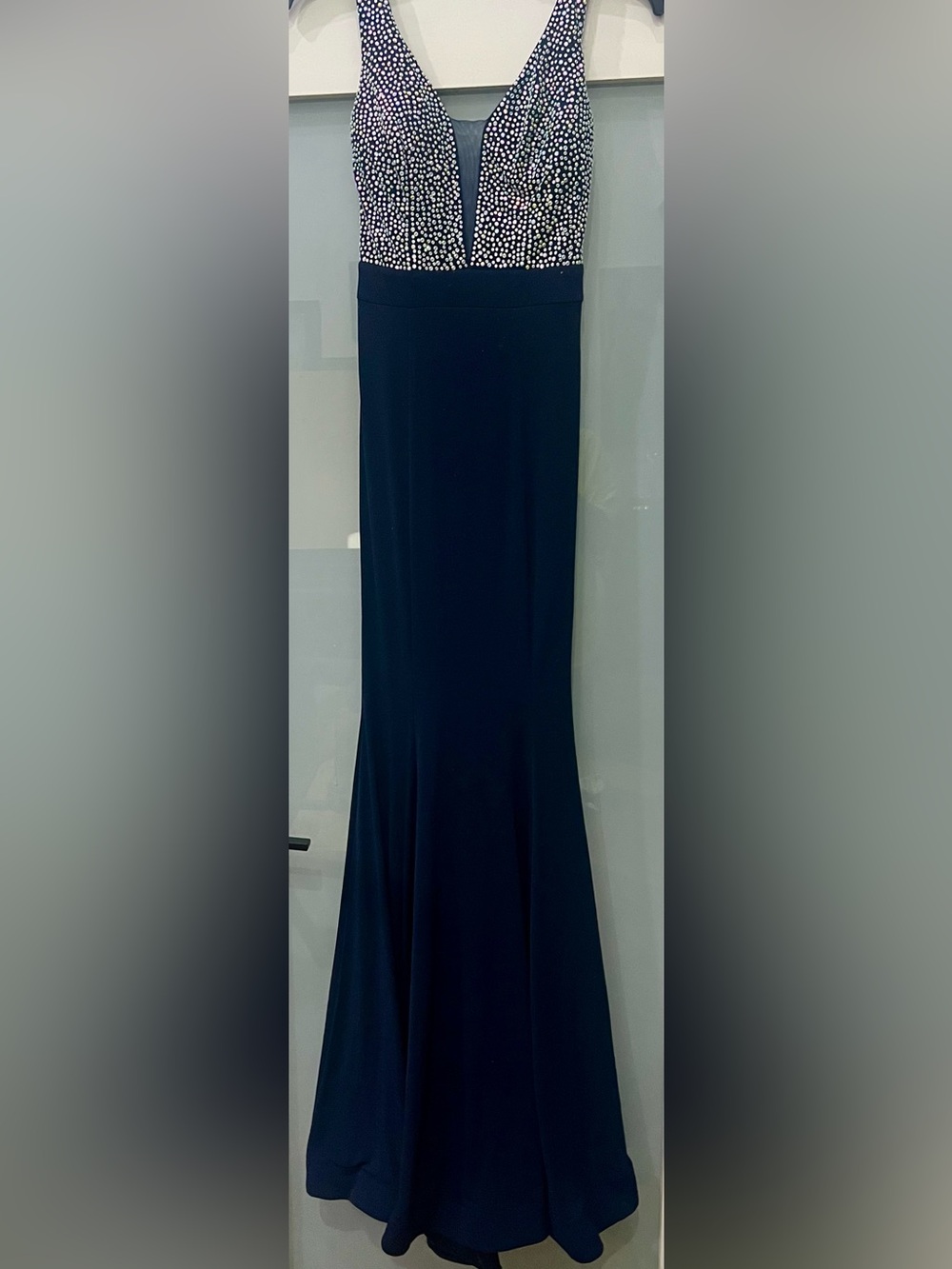 WINDSOR Navy Evening Gown w/Effervescent Embellished Bodice Mermaid Bottom XS